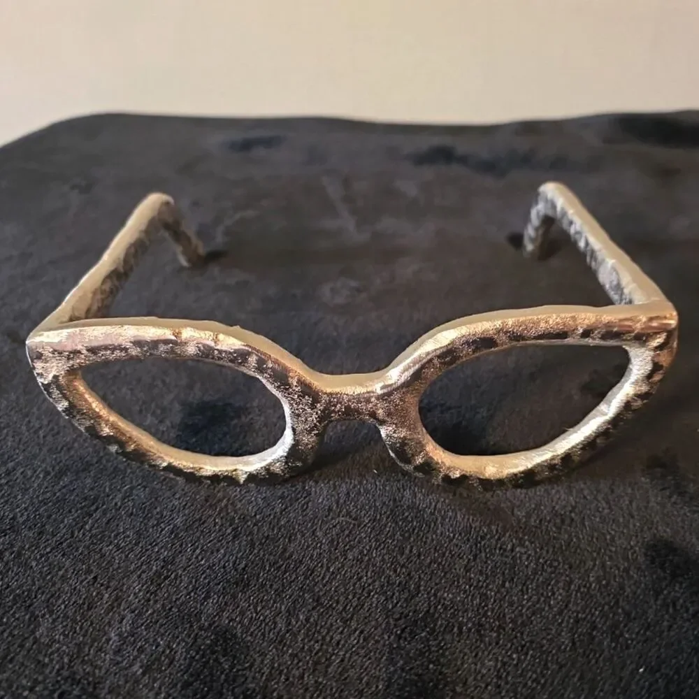 Decorative Silver Tone Eyeglasses Sculpture Metal Art Figurine Distressed